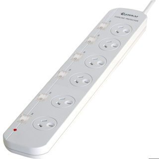 6 Way Wide Socket Power Board, White, With Individual On/Off Switches